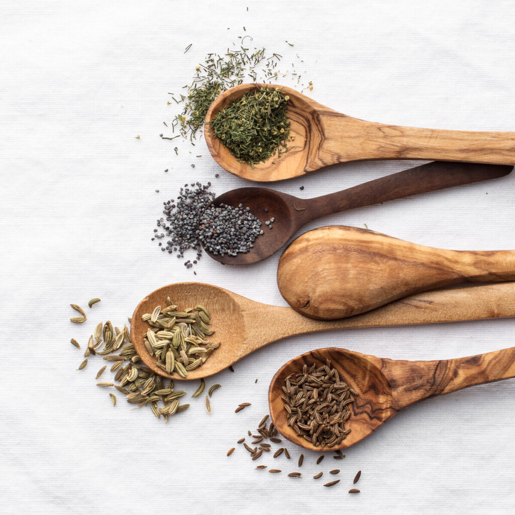 herbs on wood spoons